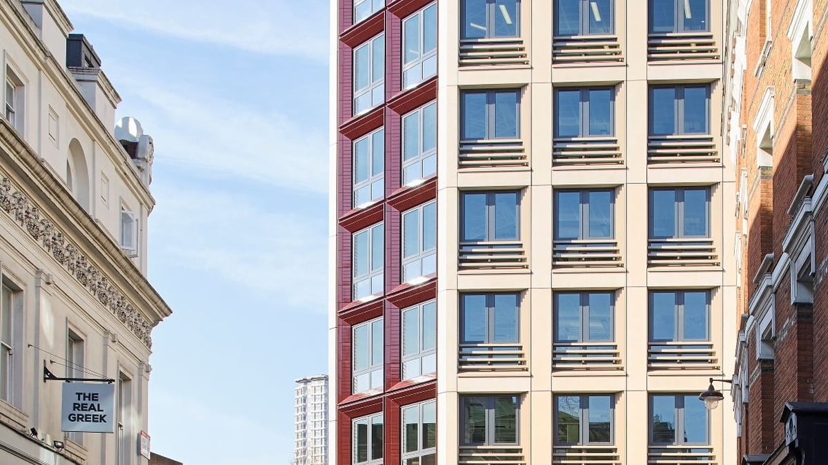 Exterior view of The Acre, a retrofitted workplace building in London’s Covent Garden.