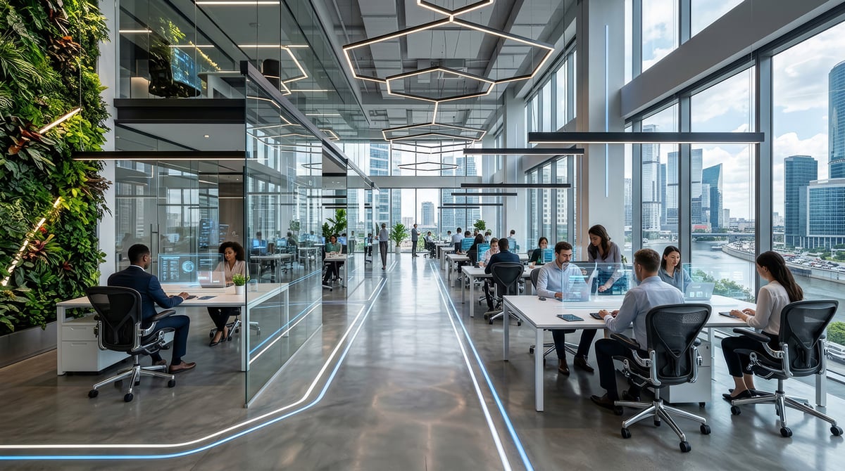 Modern open plan office interior with large windows and a vertic
