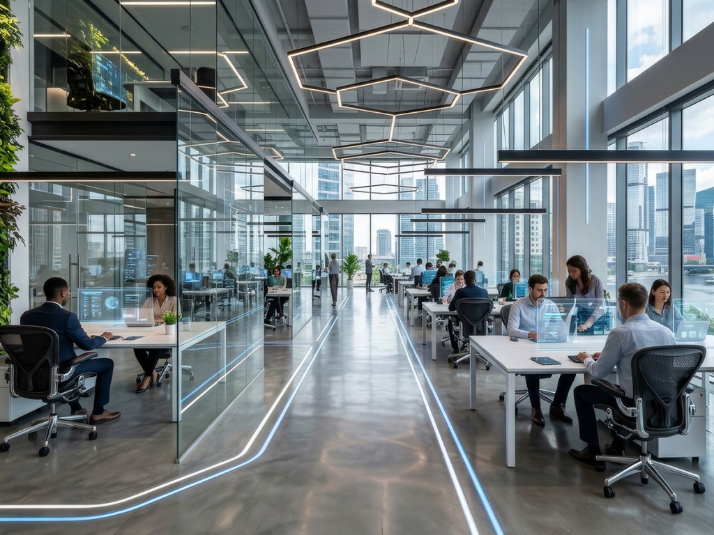 Modern open plan office interior with large windows and a vertic