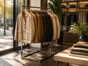 Seasonal Jackets on Freestanding Rack Near Boutique Window with Warm Afternoon Sunlight and Elegant Merchandising