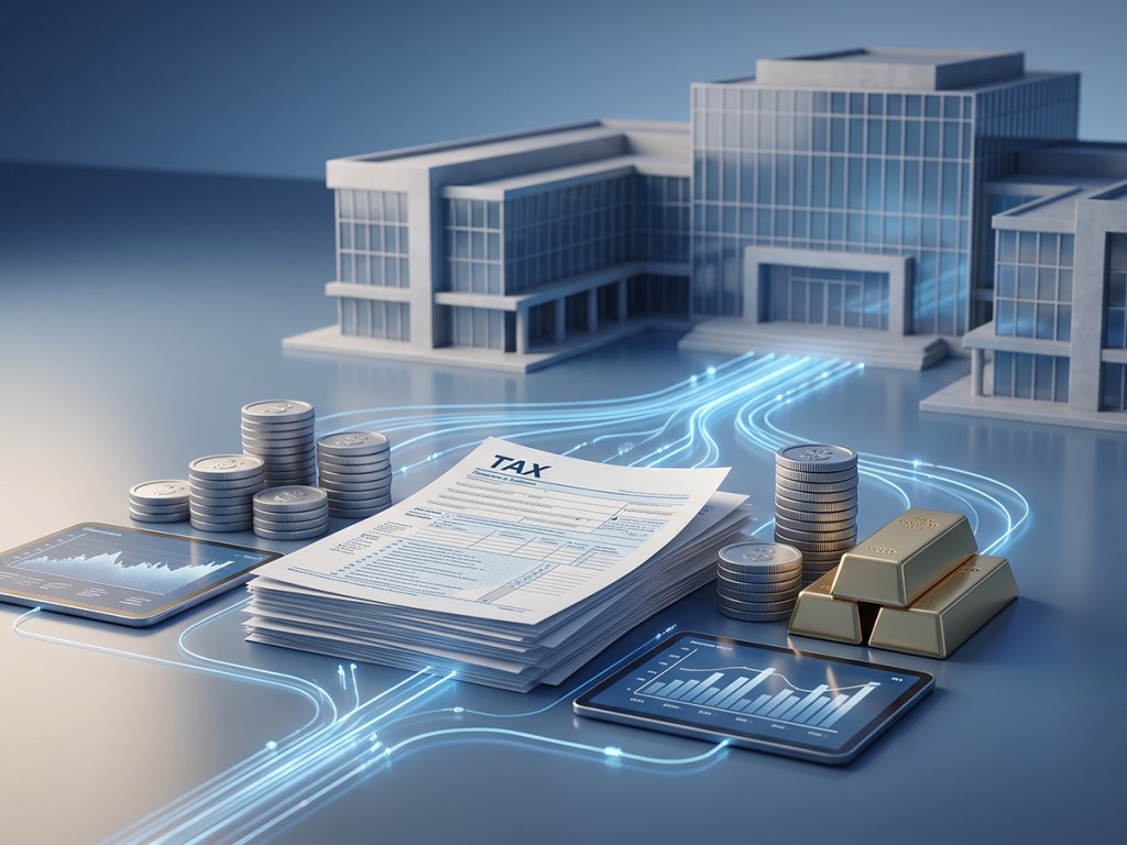 AI-generated illustration of a commercial building, tax documents, coins and financial charts representing Section 179D and CRE financing.