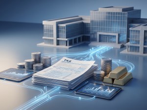 AI-generated illustration of a commercial building, tax documents, coins and financial charts representing Section 179D and CRE financing.