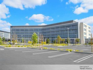 Exterior shot featuring one of the two buildings that make up Broadcom's headquarters in Orange County.