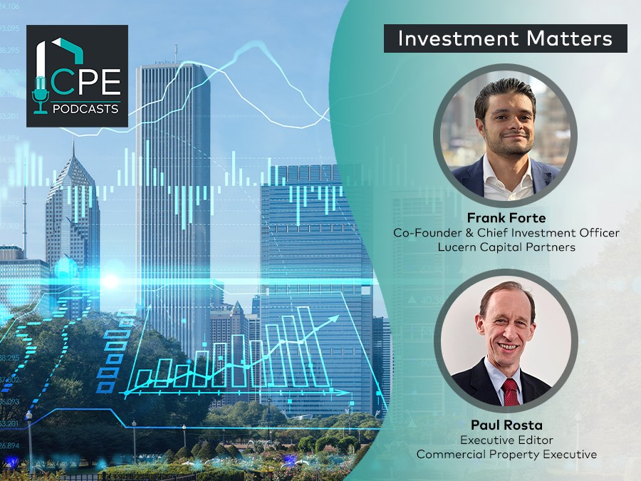 On left, graphic of a chart superimposed on an image of a city skyline; on the right, two photos in circular frames. At the top right, a photo of Lucern Capital Partners' Frank Forte. At the bottom right, photo of CPE's Paul Rosta