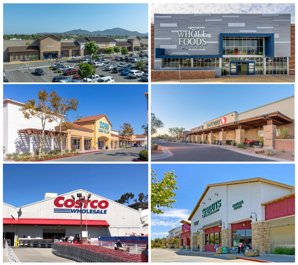 A collage of six images of grocery-anchored retail properties refinanced by a Kimco Realty Corp. joint venture.