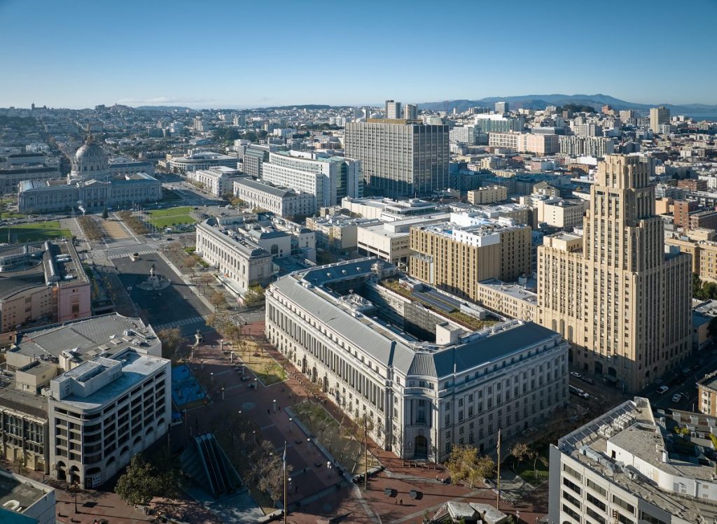 Aerial shot of 100 McAllister Street at UC Law San Francisco