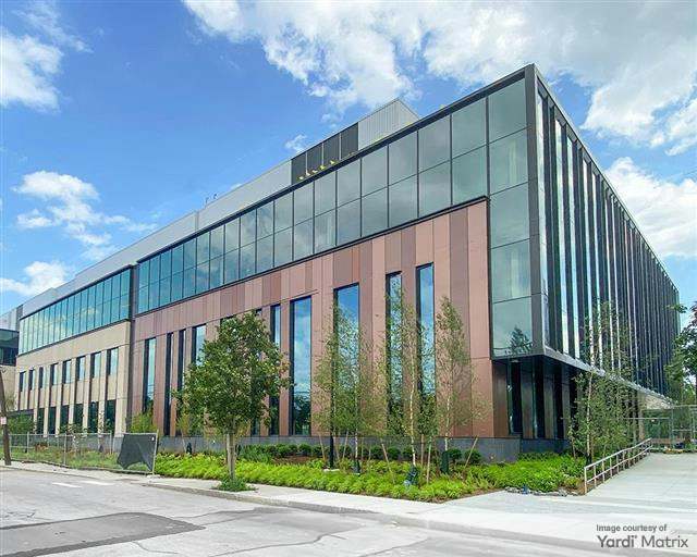 A photo of 4 Alewife Park, a life science building on the Alewife Park campus in Cambridge, Mass.