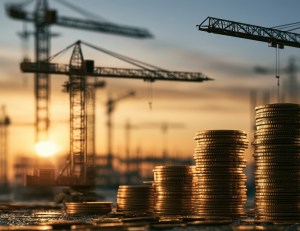 Close-up photo of stacked gold coins with construction cranes in soft sunset light, illustrating financial investment supporting urban development and economic growth.