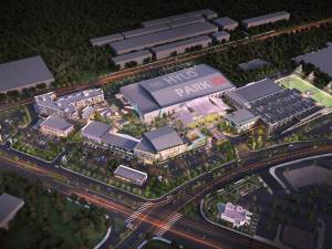 Aerial rendering depicting Hylo Park, a mixed-use project in North Las Vegas, Nev.