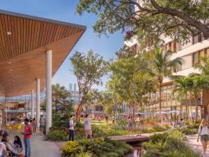 Exterior shot depicting the outside courtyard of the future CMU campus in Miami's Wynwood neighborhood.
