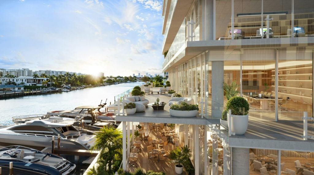 Rendering with views from the private terraces at One Kane, an office project in Bay Harbor Islands, Fla.