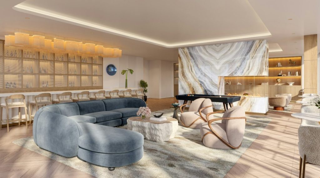 Rendering of a lounge space within One Kane, an office project underway in Bay Harbor Islands, Fla.