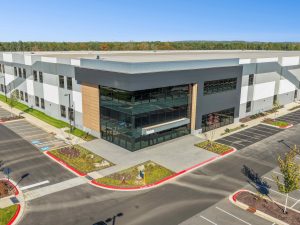 Exterior image of one of the buildings completed within Pathway Triangle, a life science campus currently underway in Morrisville, N.C.