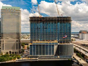 Aerial shot of Pendry Tampa dn Pendry Residences Tampa, a mixed-use building in downtown Tampa with hotel and residential components.
