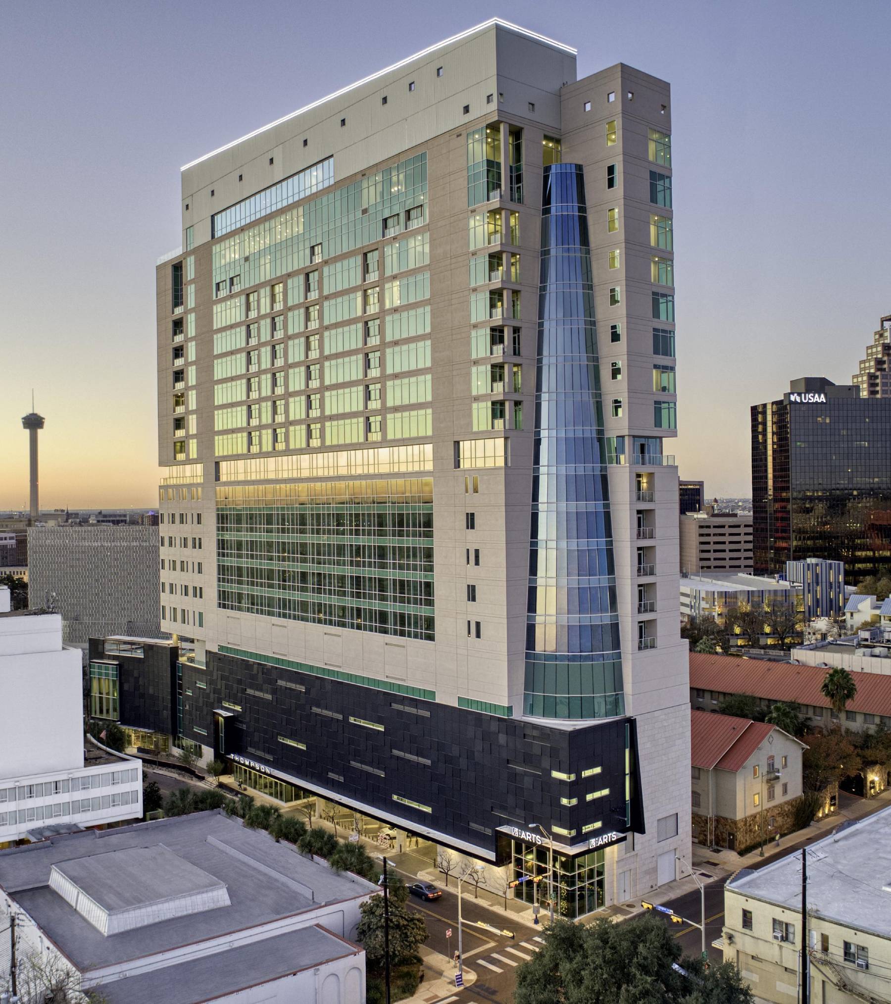 Exterior shot featuring the 20-story mixed-use property that includes the Thompson San Antonio hotel.