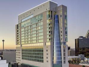 Exterior shot featuring the 20-story mixed-use property that includes the Thompson San Antonio hotel.