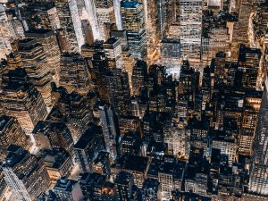 Aerial view of Manhattan at night.