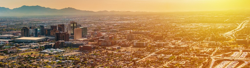 Aerial shot of metro Phoenix at dusk