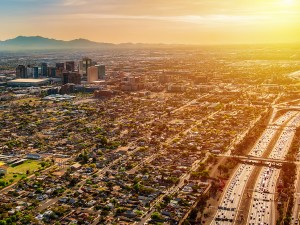 Aerial shot of metro Phoenix at dusk